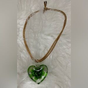 🇮🇹MURANO GLASS Green Heart Pendant Gold Necklace